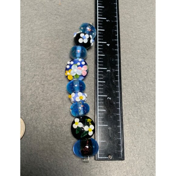 Handmade Floral Lampwork Glass Beads Blue & Black 9 Pieces - Picture 4 of 5